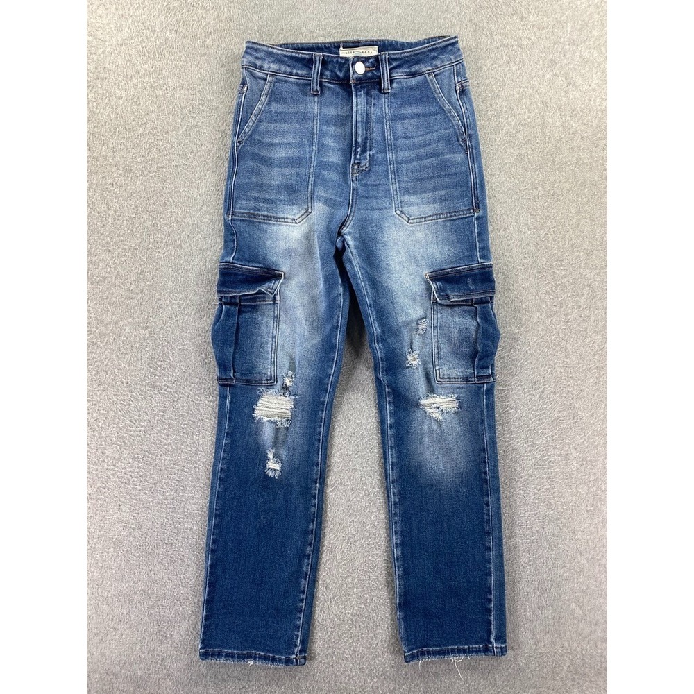 Risen Jeans Size 5/27 Blue MId Rise Distressed Cargo Straight Denim Pants 26x28